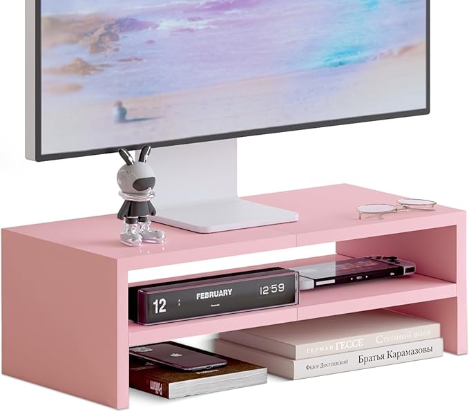 TEAMIX 2 Tiers Pink Monitor Stand Riser, Desktop Stand with Keyboard Storage Small TV Stand Laptop Wooden Desk Organizer Cute Shelf (Pink, 2 Tiers)-DeskLoop Office