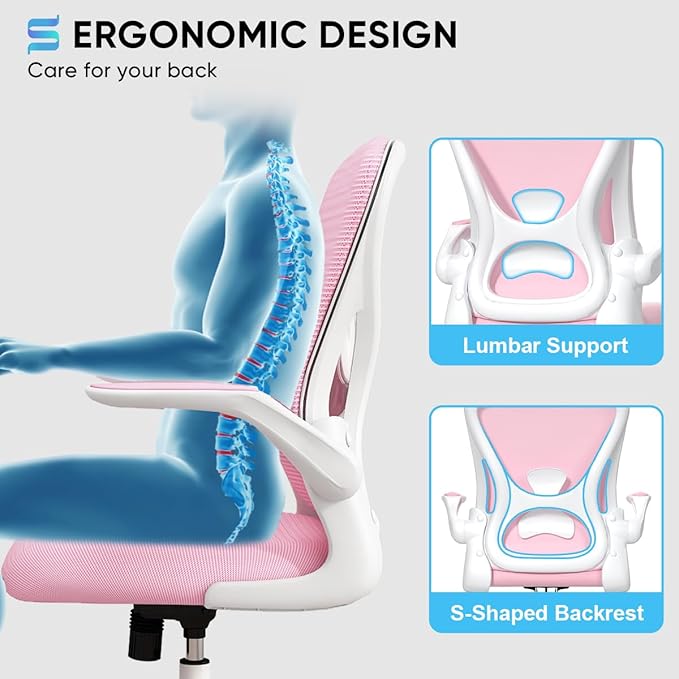 Sytas Ergonomic Desk Chair with Padded Flip up Arms and Supportive Lumbar Support, Breathable Mesh Home Office Chair with Comfortable Cushion for Home or Office(Pink)-DeskLoop Office