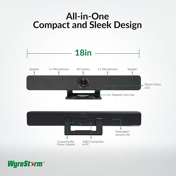 WYRESTORM 4K Conference Room Camera with AI Auto Framing, Presenter & Speaker Tracking, 120° Wide-Angle Webcam, 5X Digital Zoom, 4-Mic Array & 2 Speakers, Work with Meet, Teams, Zoom-DeskLoop Office