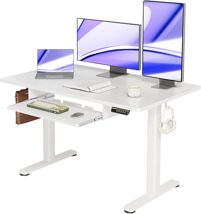 YDN Standing Desk with Keyboard Tray, 48 Inch Height Adjustable Desk with Cable Management, White Stand Up Desks for Home and Office, White-DeskLoop Office