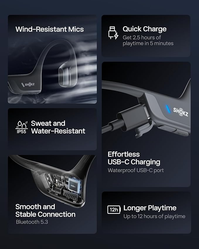 SHOKZ New OpenRun Pro 2 - Open-Ear, Bone Conduction Sport Headphones - with Reflective Strip - Sweat Resistant, Workout Headphones - Secure, Wireless, Comfortable Fit-Deep Bass and Smart Mic App-DeskLoop Office