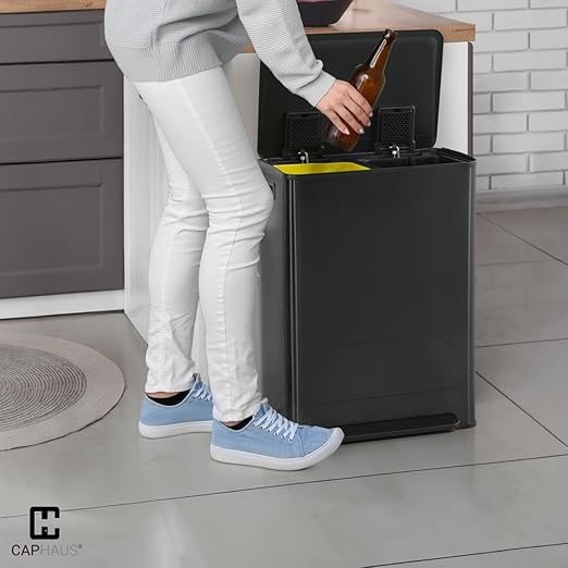 CAPHAUS Black Dual Trash Can w/Single Lid, Trash & Recycle Bins Combo, Hands-Free Stainless-Steel Garbage Can for Kitchen, with 2 Compartment, Hinged Lid, Odor Filters, Handles, 25L+25L, 2 x 6.6 Gal-DeskLoop Office