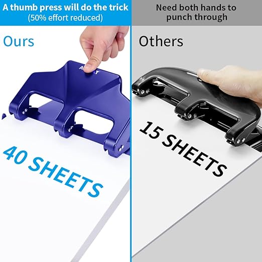 Heavy Duty 3 Hole Punch, 40-Sheet Heavy Duty Paper Punch, 50% Reduced Effort 3-Hole Punch, AFMAT Metal Hole Puncher 3 Ring, Three-Hole Paper Puncher w/Large Chip Tray for Classroom, Office, Blue-DeskLoop Office