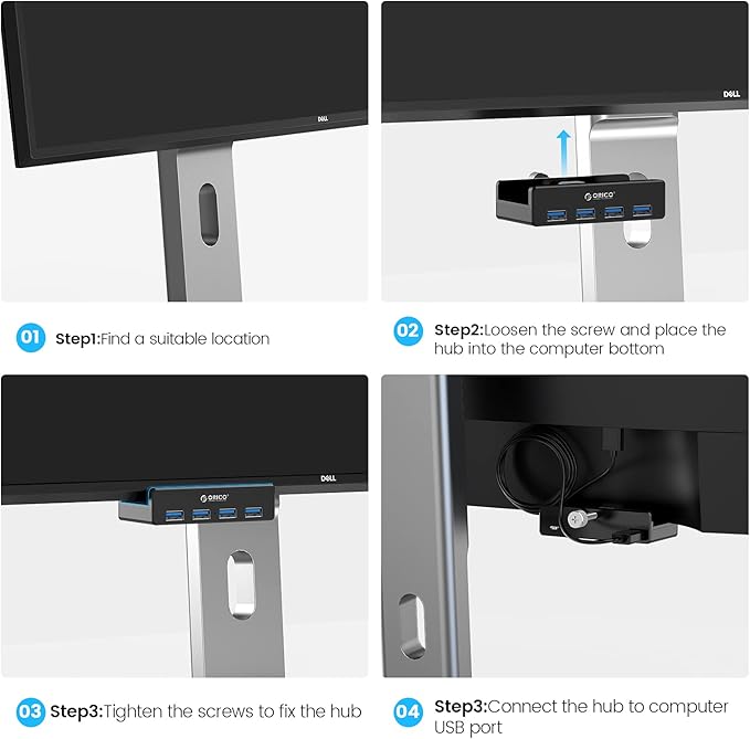 ORICO USB 3.0 Hub, USB Hub Clamp, Aluminum 4-Port USB Splitter with Extra Power Supply Port and 4.92 FT USB Data Cable, Desktop Powered USB Hub for Monitors/Desks-Black (Without Power Adapter)-DeskLoop Office