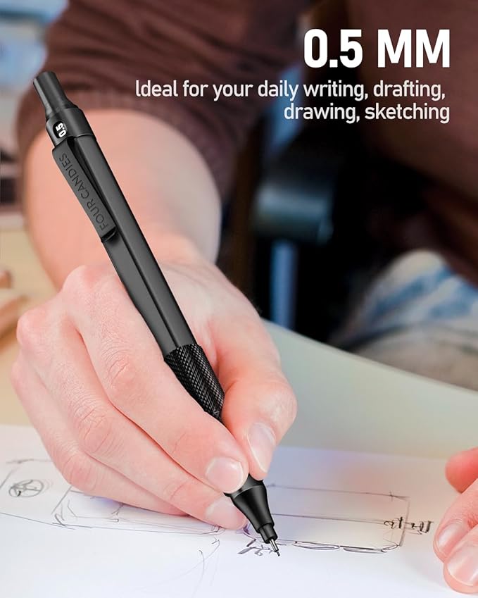 Four Candies 0.5mm Mechanical Pencil Set with Case, 3PCS Metal Artist Lead Pencil with 8 Tubes (480PCS) HB Lead Refills, 3 Erasers, 9 Eraser Refills For Engineer Art Writing Drawing Drafting, Black-DeskLoop Office