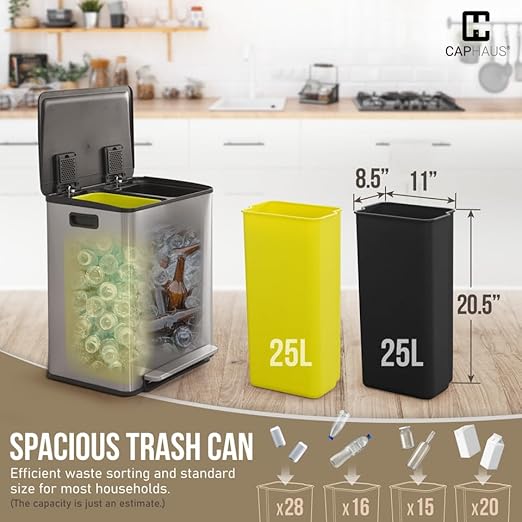 CAPHAUS Black Dual Trash Can w/Single Lid, Trash & Recycle Bins Combo, Hands-Free Stainless-Steel Garbage Can for Kitchen, with 2 Compartment, Hinged Lid, Odor Filters, Handles, 25L+25L, 2 x 6.6 Gal-DeskLoop Office