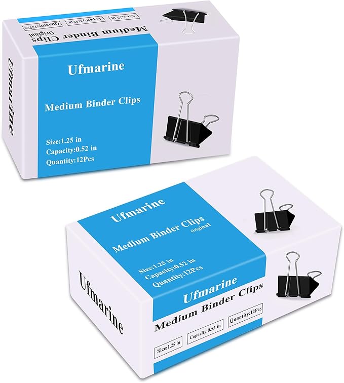 Ufmarine Medium Binder Clips 1.25 Inch Length, (120 Pcs) Black Medium Paper Clips for Office