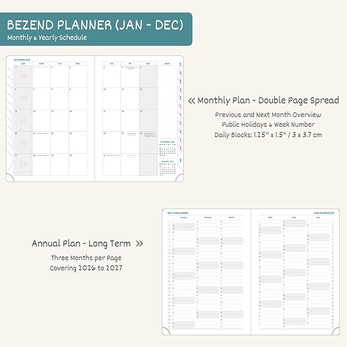 BEZEND 2026 Planner Weekly and Monthly (6" x 8.5") Daily Calendar with Half-Hourly Timeslots & Tabs (Jan-Dec) Note & Expenses, Pen Holder, Inner Pocket, Vegan Leather Hardcover - Mint Green-DeskLoop Office