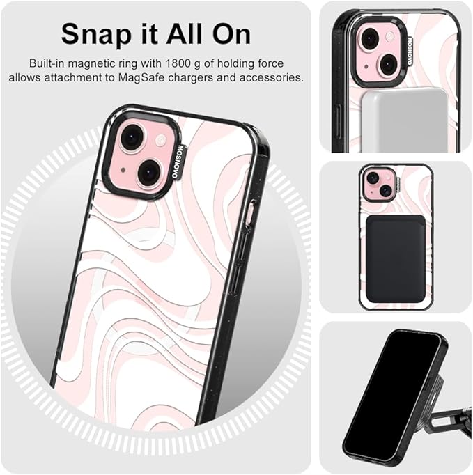 MOSNOVO Magnetic Case for iPhone 15 Plus, 10ft Military-Grade Protection, Compatible with Magsafe, Shockproof Phone Case for iPhone 15 Plus / 14 Plus - White Swirl - Clear Black-DeskLoop Office