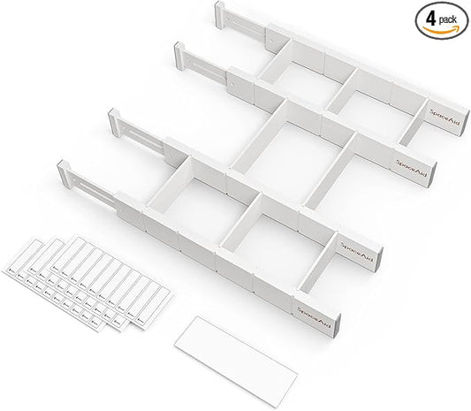 SpaceAid Bamboo Drawer Dividers with Inserts and Labels, Kitchen Adjustable Drawer Organizers, Expandable Organization for Home, Office, Dressers, 4 Dividers with 9 Inserts (17"-22" White)-DeskLoop Office