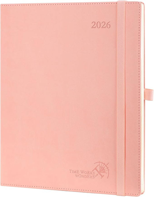 POPRUN 2026 Planner (Large - 8.5'' x 10.5'') - 2026 Weekly Calendar (Jan. 2026 - Dec. 2026) with Hourly Time Slots, Weekly/Monthly Appointment Book for Time Management - Leather Soft Cover - Pink-DeskLoop Office