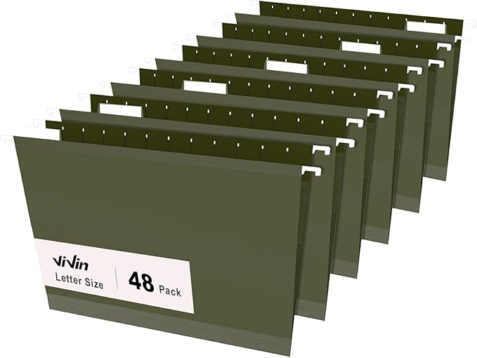 ViVin Hanging File Folders, 1/5-Cut Adjustable Tabs with 48 Per Box, 1 Inch Expansion, 48 Pack Letter Size Hanging File Folders, Designed for Office Home School Filing Cabinet(Green)-DeskLoop Office