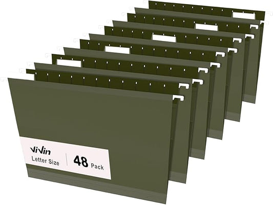 ViVin Hanging File Folders, 1/5-Cut Adjustable Tabs with 48 Per Box, 1 Inch Expansion, 48 Pack Letter Size Hanging File Folders, Designed for Office Home School Filing Cabinet(Green)-DeskLoop Office