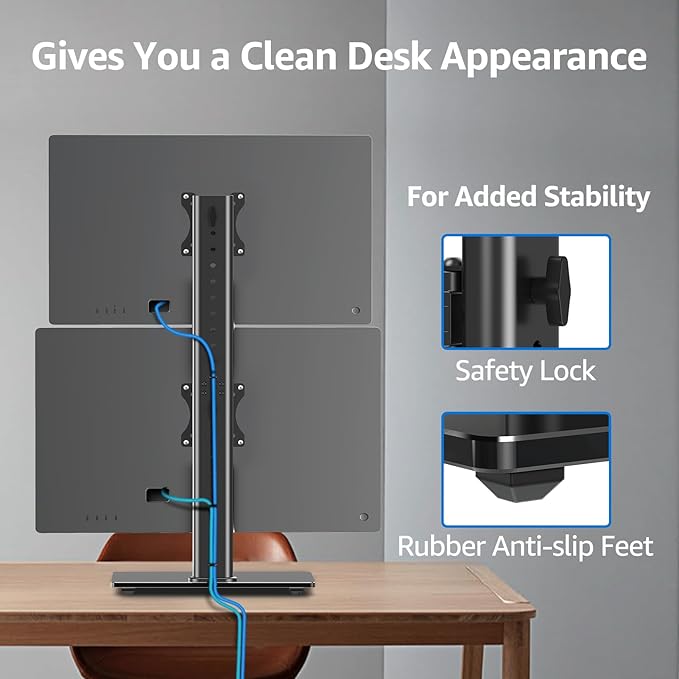 MOUNTUP Vertical Dual Monitor Stand, Stack Two Screens up to 32 inches,33 Lbs, Free-Standing Monitor Desk Mount, Monitor Riser with Swivel, Tilt, Height Adjustable, VESA Stand 100 x 100mm, 75 x 75mm-DeskLoop Office
