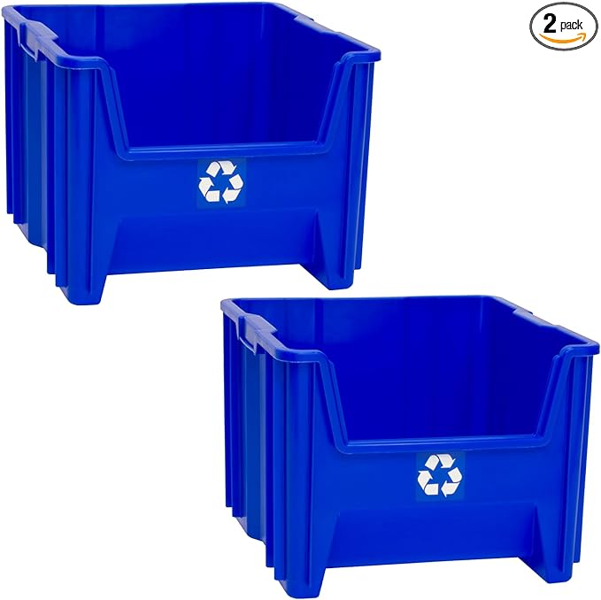 Commercial Industrial Heavy Duty Stackable Open-Front Recycling Bin Box Containers, 12 Gallon, 2 Pack, Blue-DeskLoop Office