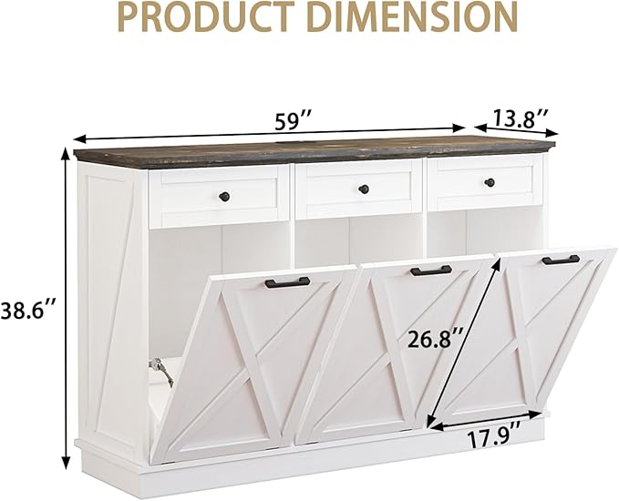 Farmhouse Tilt Out Trash Cabinet, Triple 13 Gallon Wooden Kitchen Trash Can Cabinet with Hideaway Drawer, Freestanding Garbage Recycling Cabinets, Pet Proof, Power Outlets, 59 Inch, White-DeskLoop Office