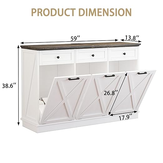 Triple 13 Gallons Tilt Out Trash Cabinet, Farmhouse Garbage Recycling Cabinet with Power Outlets, 3 Drawers, Pet Proof, Freestanding Kitchen Trash Bin Cabinets, White-DeskLoop Office