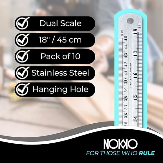 NOKKO Metal Ruler 18 Inch - Pack of 10 - Stainless Steel Ruler Set with Straight Edge Rulers - Precise Metric & Imperial Measurements - Ideal for School, Office, Woodworking & Craft Projects-DeskLoop Office