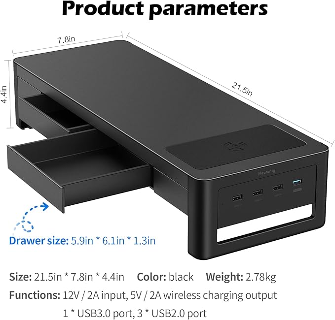 meatanty 3 In 1 Monitor Stand Riser with 2 Drawers,1 Wireless Charging Module and 4 USB Ports,Metal Computer Stand Support Transfer Data & Charging,Desk Organizer for PC,iMac (21 inches)-DeskLoop Office