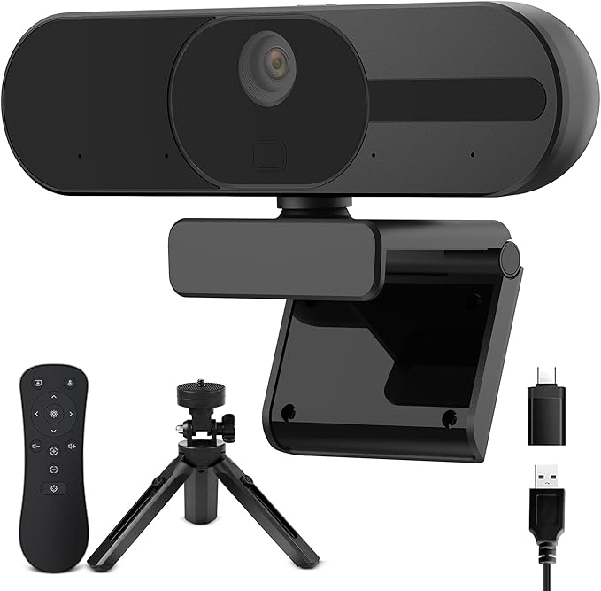 4K Webcam with Speaker and 4 AI Noise-Cancelling Mics, Wide Angle PC Cameras with Remote, Auto Focus, Privacy Cover, Tripod, Great for Computer, Zoom, Skype, Teams, Laptop, Personal Video Calling-DeskLoop Office