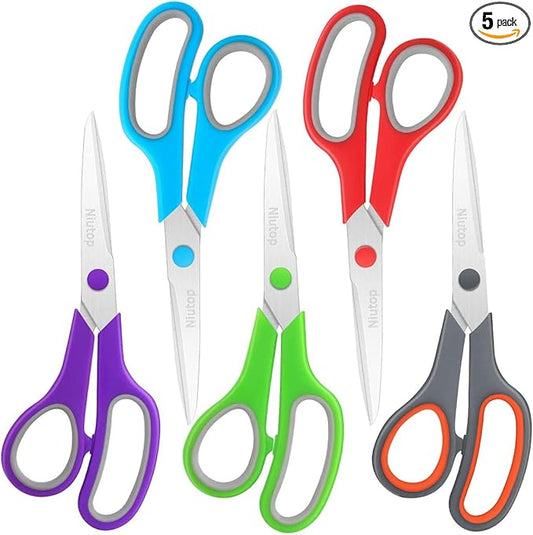 Scissors Bulk Set of 5-Pack, Niutop 8" Multipurpose Sharp Sewing Craft Fabric Scissors for Office Home High/Middle School Student Office Teacher Art Supplies, Soft Comfort-Grip Right/Left Handles-DeskLoop Office