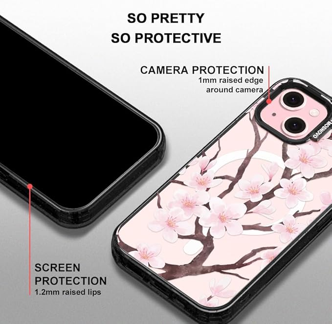MOSNOVO Magnetic Case for iPhone 15, 10ft Military-Grade Protection, Compatible with Magsafe, Shockproof Phone Case for iPhone 15 - Cherry Blossom - Clear Black-DeskLoop Office