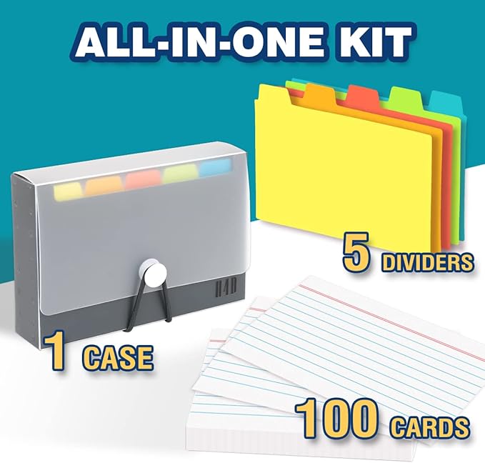 H4D 3x5 Index Card Case with 100 Heavyweight Ruled Index Cards and Dividers, Black-DeskLoop Office