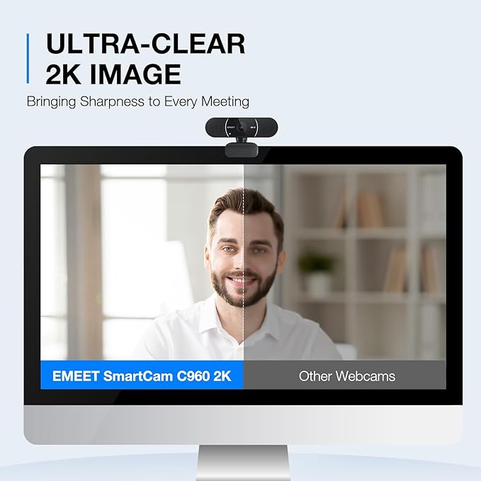 EMEET C960 2K Webcam with Microphone, 2K QHD, 2 Noise-Reduction Mics, TOF Autofocus Streaming Webcam with Privacy Cover, Plug&Play USB Webcam for Calls/Conference, Zoom/Skype/YouTube, Laptop/Desktop-DeskLoop Office