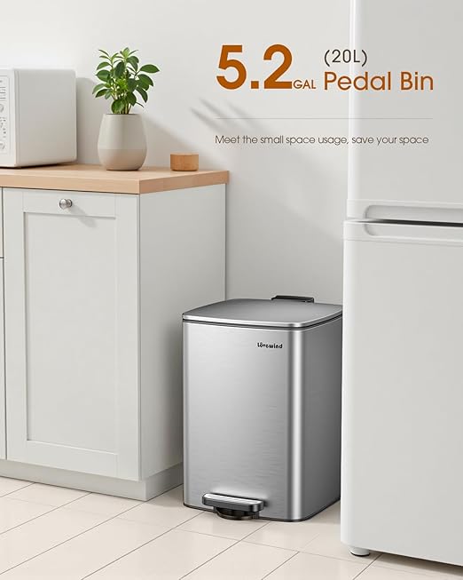 Lovewind Kitchen Trash Can with Lid, 5.2 Gallon/20 L Footstep Garbage Can for Kitchen Bedroom Home Office, 20 Liter Trash Bin Brushed Stainless Steel Waste Bin with Soft-Close Lid,Silver-DeskLoop Office