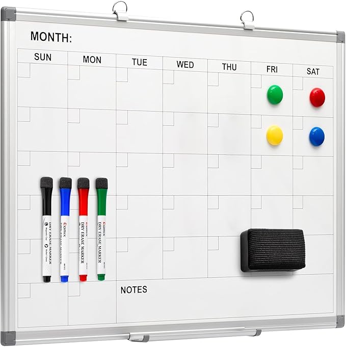 Comix Magnetic Dry Erase Calendar Whiteboard, 24 x 18 Inches Monthly Calendar Dry Erase Board for Wall, Aluminum Frame Planner White Board with Markers, Eraser, Magnets-DeskLoop Office