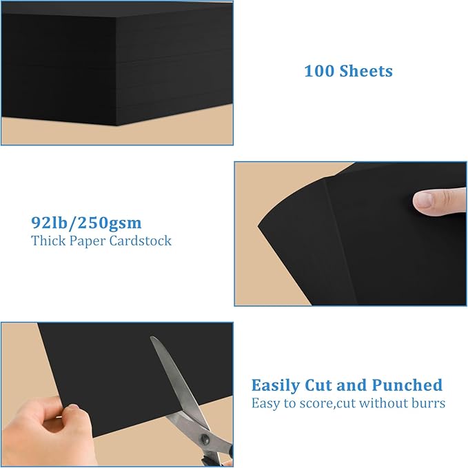 100 Sheets Black Cardstock 9” x 12”, 92lb/250gsm Black Card Stock, Thick Card Stock Paper, Heavy Cardstock Paper for Printer, Resume, Scrapbooks, Art, Crafts, Business Cards