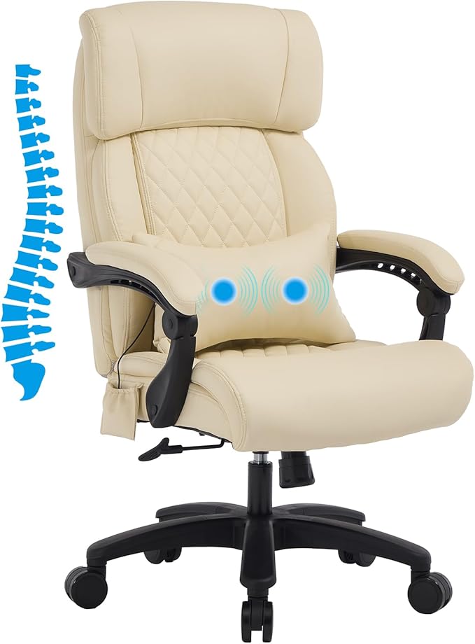 Lumbar Massage Office Chair, 500LBS Big and Tall Office Chair, Heavy Duty Ergonomic Executive Reclining Chair with High Back and Lumbar Support, Beige-DeskLoop Office