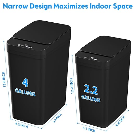 Bathroom Trash Can with Lid, 2 Pack 4 & 2.2 Gallon Automatic Touchless Garbage Can, Small Motion Sensor Smart Trash Can, Slim Waterproof Trash Bin for Bedroom, Bathroom, Office, Living Room (Black)-DeskLoop Office