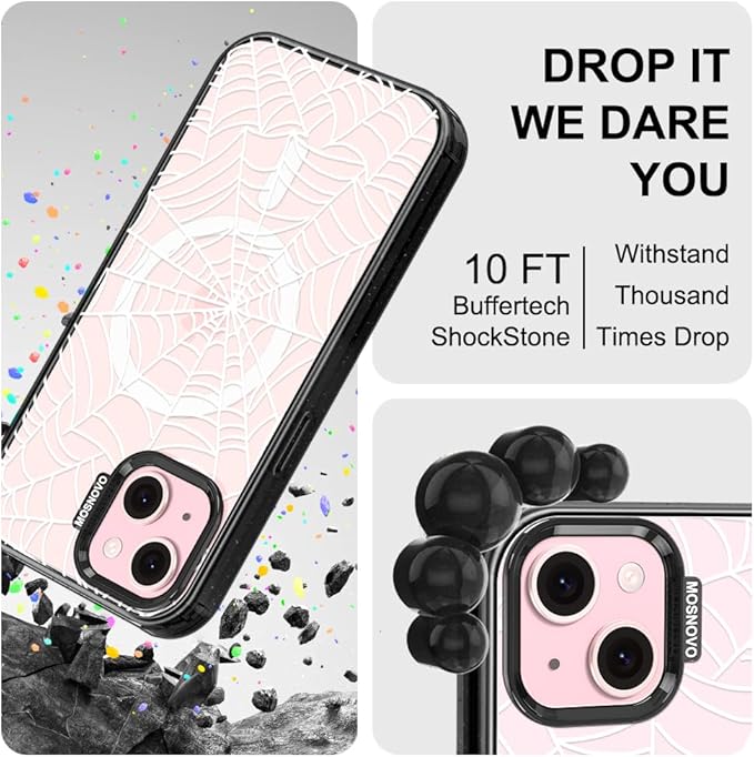 MOSNOVO Magnetic Case for iPhone 15, 10ft Military-Grade Protection, Compatible with Magsafe, Shockproof Phone Case for iPhone 15 - Spider Web - Clear Black-DeskLoop Office