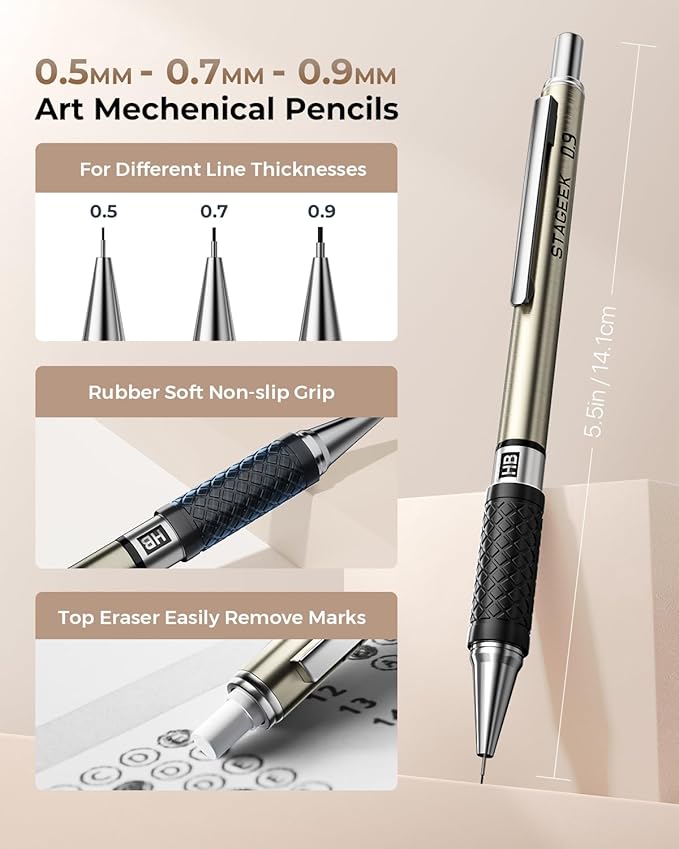 30PCS Art Mechanical Pencil Set with Leather Bag, Metal Artist Lead Pencil 0.5, 0.7, 0.9 mm, 3PCS 2mm Sketching Pencil (4H 2H HB 2B 4B 6B Color) with 464PCS Graphite Lead Refills for Drawing-DeskLoop Office