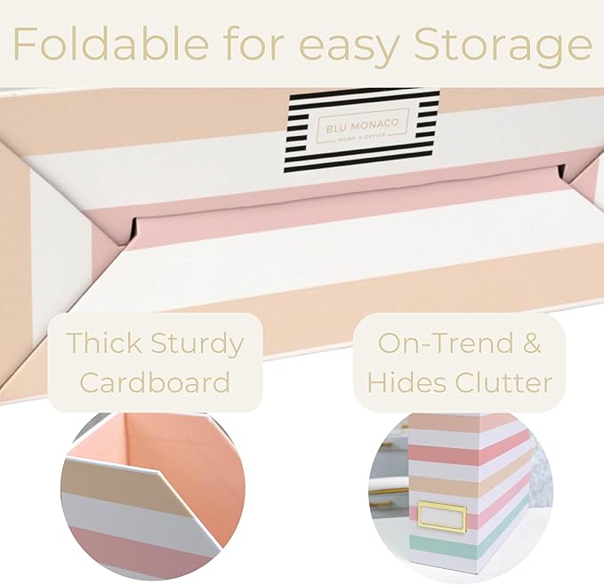 BLU MONACO Set of 4 Foldable Magazine Holders in Pastel Stripes – Sturdy Cardboard Vertical Organizers with Label Holders – Office File Storage Box, Desk Organizer, Paperwork and Document Holder-DeskLoop Office