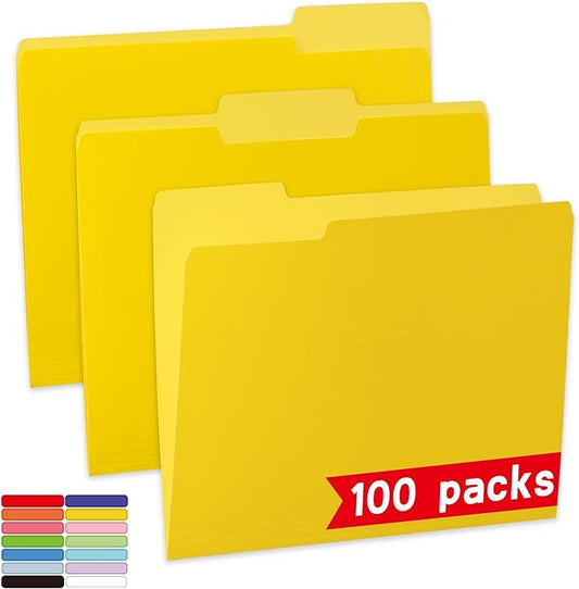 100 Packs Yellow File Folder,1/3-Cut Tabs,File Folders Letter Size,8.5x11 Inch File Folders for Office,School and Home,Folders for Documents-DeskLoop Office