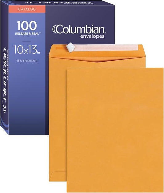 Columbian 10 x 13 Catalog Envelopes with Self Seal Closure, 28 lb Brown Kraft, for Mailing Flat Letter Size Documents or Photos, 100 Per Box (COLO335)-DeskLoop Office