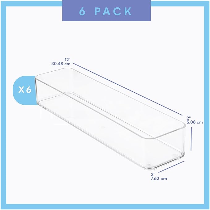 Plastic Clear Drawer Organizers. Bathroom, Kitchen, Bedroom, Gadgets, Office Organizer Bins, Storage Trays. Heavy Duty, Stackable. 12" x 3" x 2" Set of 6-DeskLoop Office