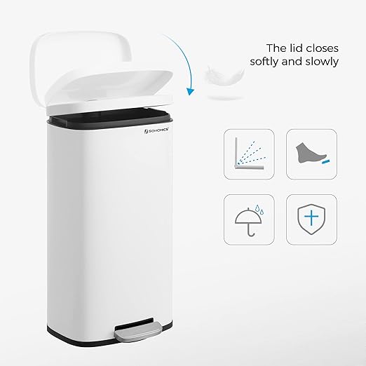 SONGMICS Trash Can with Lid, 8 Gallon Garbage Can, Stainless Steel Small Waste Bin with Step Pedal and Inner Bucket, Soft Close, Kitchen, White ULTB102W01-DeskLoop Office