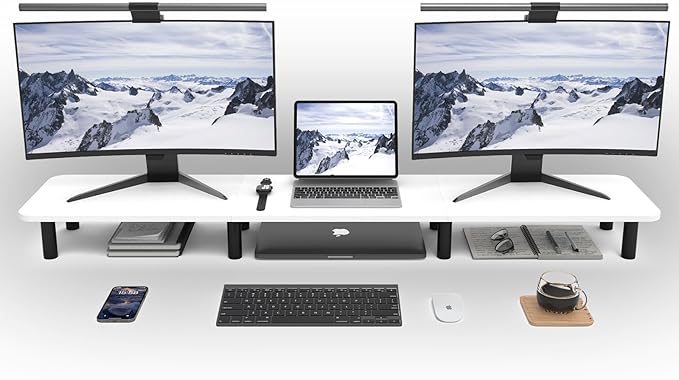 Dual Monitor Stand Riser 43.7 inch Large Extra Long Monitor Stand Riser Wide TV Stand Riser Monitor Stand for 2 Monitors Wood & Steel Leg Desktop Riser Desk Organization Home Office (White)-DeskLoop Office