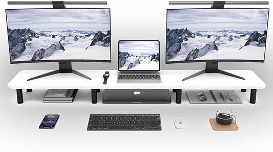 Dual Monitor Stand Riser 43.7 inch Large Extra Long Monitor Stand Riser Wide TV Stand Riser Monitor Stand for 2 Monitors Wood & Steel Leg Desktop Riser Desk Organization Home Office (White)-DeskLoop Office