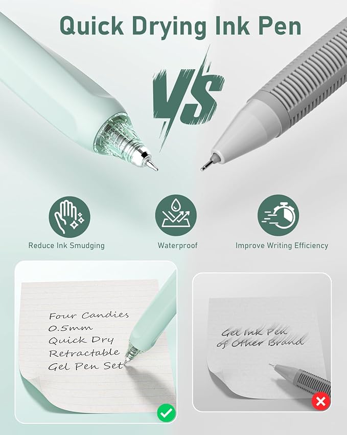 Four Candies 14Pack Pastel Gel Ink Pen Set,Cute Retractable 0.5mm Fine Point Pen,Note Taking Aesthetic Pens,12 Pack Black Ink Pens with 2Pack Highlighter, Smooth Writing Pens for School, Office(Green)-DeskLoop Office