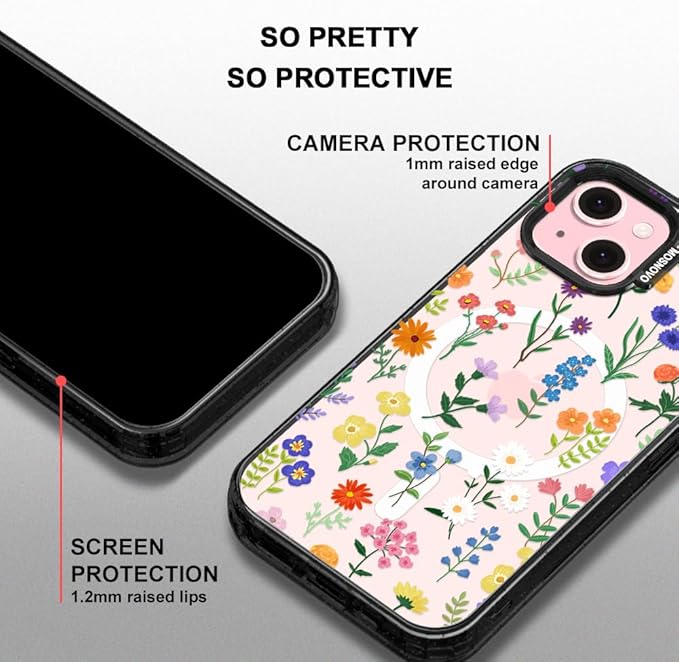 MOSNOVO Magnetic Case for iPhone 15 Plus, 10ft Military-Grade Protection, Compatible with Magsafe, Shockproof Phone Case for iPhone 15 Plus / 14 Plus - Botanical Floral - Clear Black-DeskLoop Office