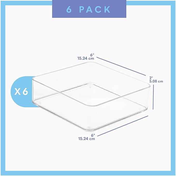 Plastic Clear Drawer Organizers. Bathroom, Kitchen, Bedroom, Makeup, Office Organizer Bins, Storage Trays. Heavy Duty, Stackable. 6" x 6" x 2" Set of 6-DeskLoop Office