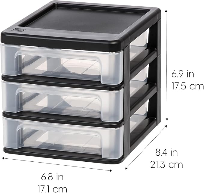 IRIS USA Plastic Stacking Desk Top 3-Drawer Storage Organizer, 2-Pack, for Makeup Vanity Nail Polish Bathroom Stationery Art Craft Supplies Kitchen Office Garage and Small Organization, Small, Black-DeskLoop Office