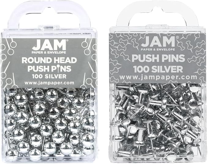 JAM PAPER Colorful Push Pins - Flat & Round Head Thumb Tack Combo Set - Silver Pushpins - 200/Pack-DeskLoop Office