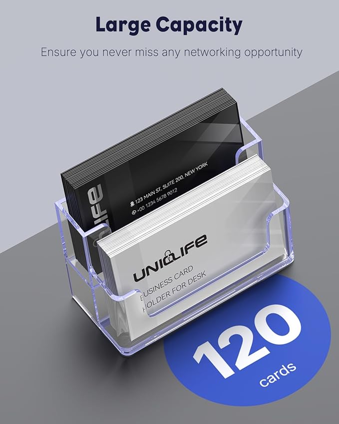 Uniclife Acrylic Business Card Holder for Desk 2 Slots Clear Business Card Display Stand for Men & Women Desktop Business Card Organizer Card Stand for Office Home Exhibition, 120 Card Capacity-DeskLoop Office