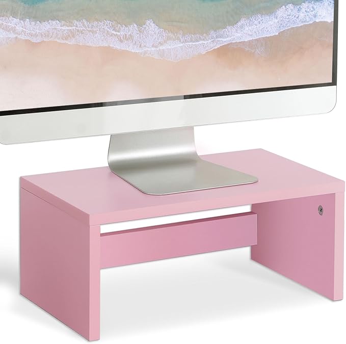 TEAMIX Pink Monitor Stand Riser-6.7 inch, Wood Higher Monitor Riser with Storage for Desk, Laptop Riser Computer PC Stand for Desktop Workspace Home Office(Pink-Higher)-DeskLoop Office