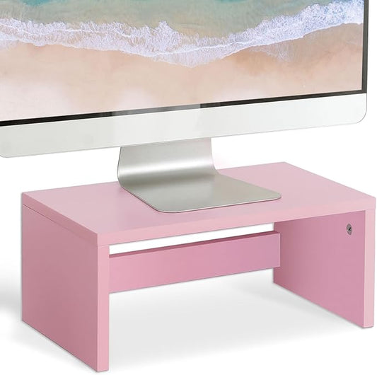 TEAMIX Pink Monitor Stand Riser-6.7 inch, Wood Higher Monitor Riser with Storage for Desk, Laptop Riser Computer PC Stand for Desktop Workspace Home Office(Pink-Higher)-DeskLoop Office
